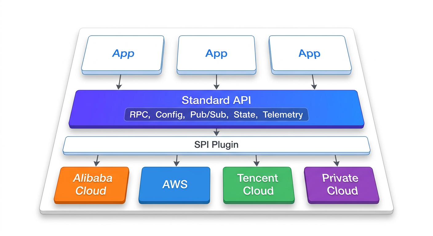 Capa 分层架构:应用 → Standard API → SPI Plugin → 多云实现